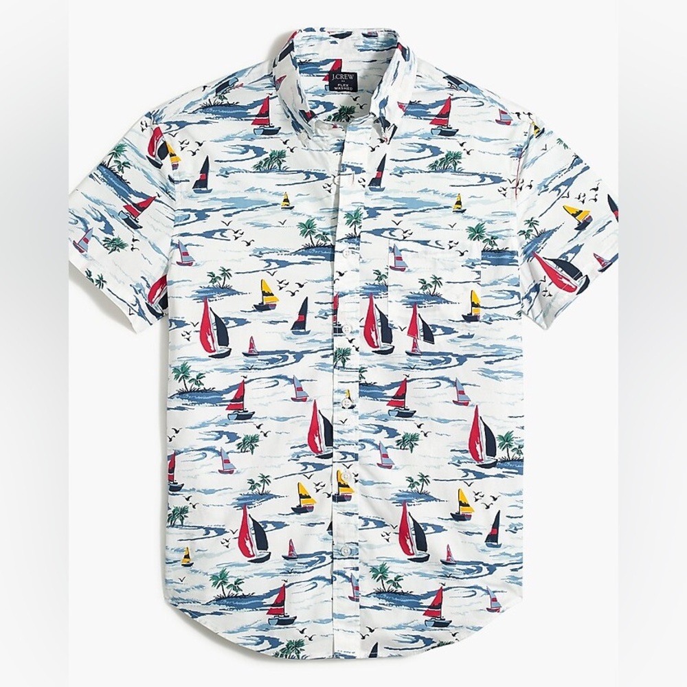 J. Crew Slim Flex Washed Nautical Coastal Short Sleeve Button Down Shirt SZ MED